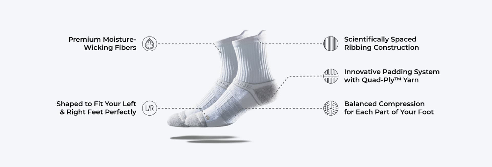 Moisture Wicking Fibers, Left and Right Feet Fit, Scientifically Spaced Ribbing Construction, Innovative Padding System with Quad-Ply Yarn,  Balanced Compression for Each Part of You Foot