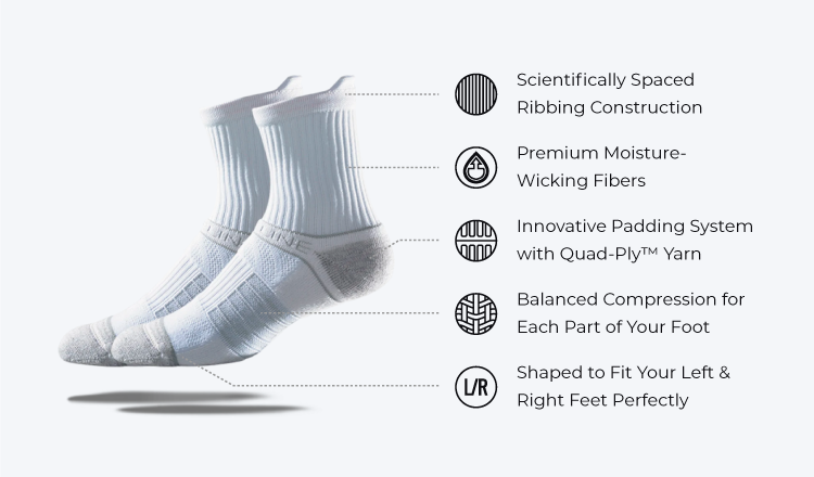 Moisture Wicking Fibers, Left and Right Feet Fit, Scientifically Spaced Ribbing Construction, Innovative Padding System with Quad-Ply Yarn,  Balanced Compression for Each Part of You Foot