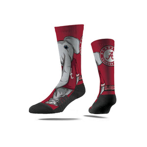 Alabama Big Al Mascot with Alabama Crimson Logo on Back of Sock 